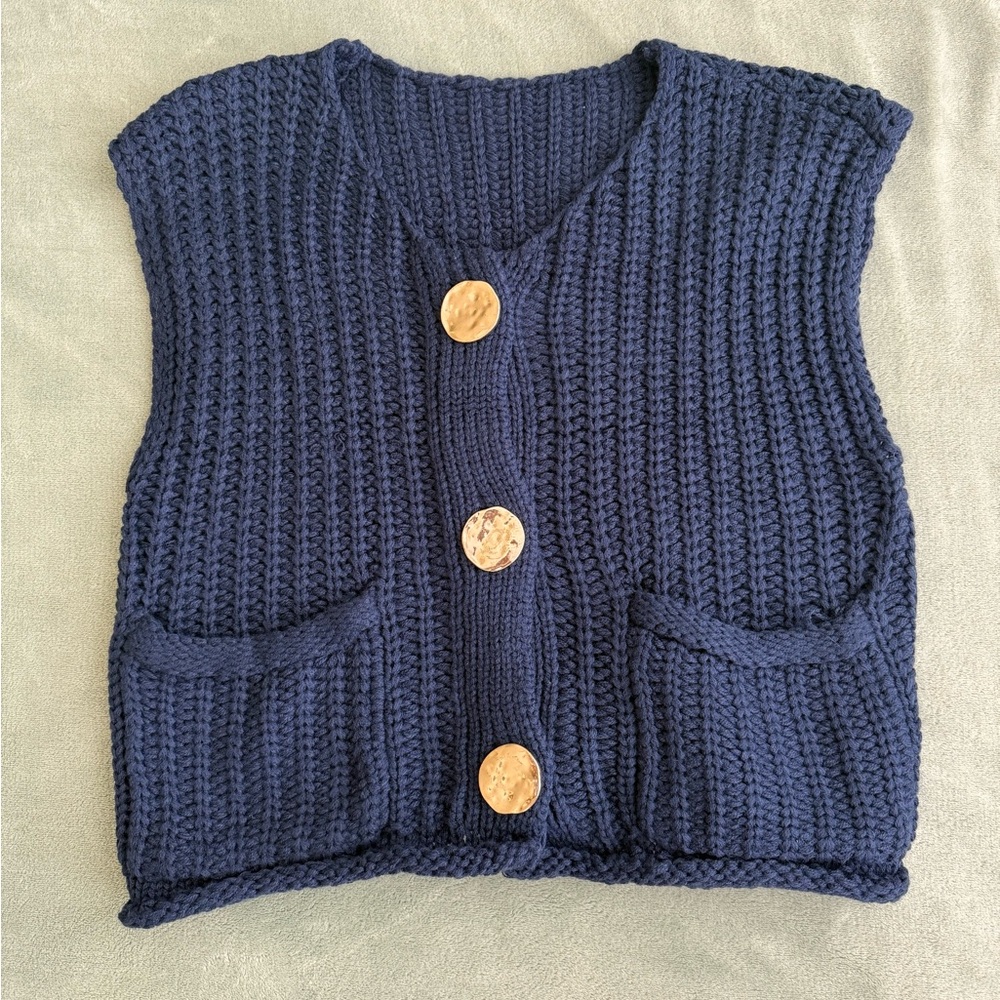 Navy Knit Vest with Wooden Buttons